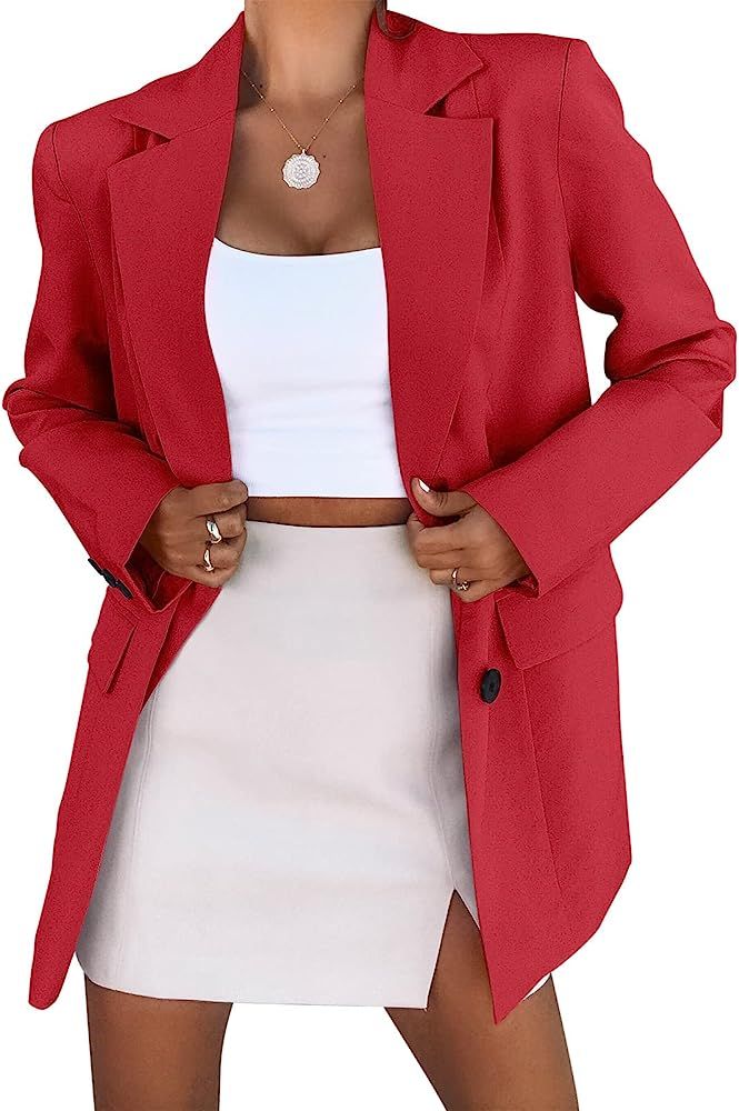 ANRABESS Women's Casual Button Long Sleeve Lapel Open Front Pad Shoulder Office Blazer Jacket Work S | Amazon (US)