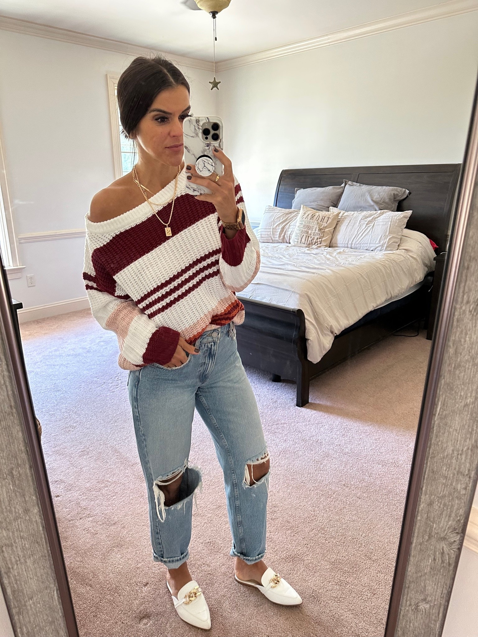 Size small in sweater size 26 in n jeans sized up half size in mules

#LTKdayinmylife #LTKgrwm #LTKmomlife