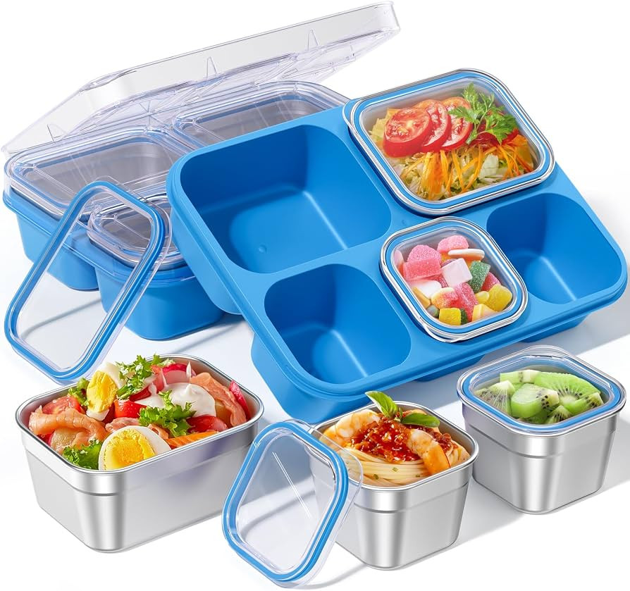 Snackle Box Containers, Stainless Steel 5 Compartments Divided Serving Tray with Lid, Removable L... | Amazon (US)