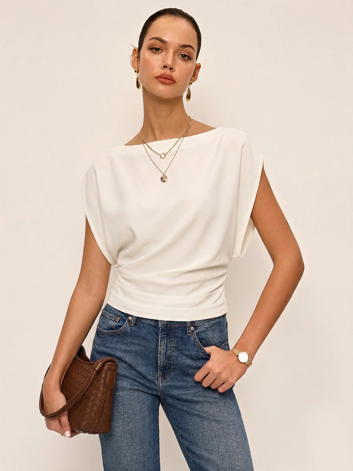 Ruched Cinched Waist Boat Neck Blouse | Commense