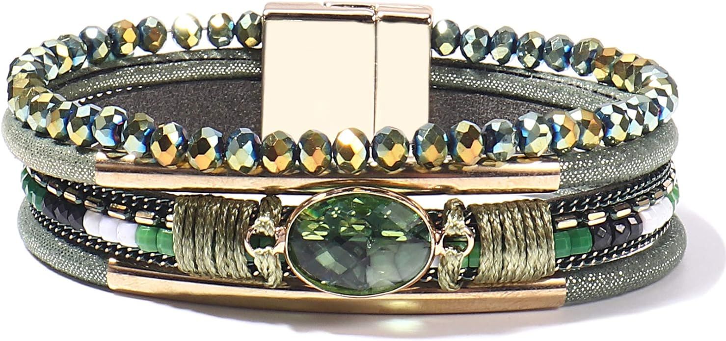 FANCY SHINY Leather Wrap Bracelets Crystal Beads Bracelet Boho Cuff Stone Charm Bracelets with Ma... | Amazon (US)
