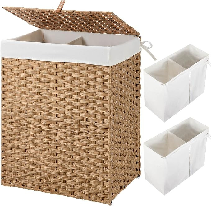 GREENSTELL Laundry Hamper with 2 Removable Liner Bags, Divided Clothes Hamper, 90L Handwoven Synt... | Amazon (US)