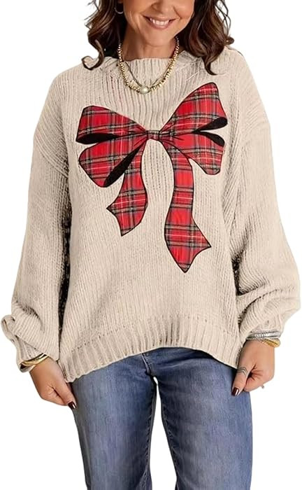 Pinclodly Christmas Sweaters for Women Crewneck Plaid Print Bow Sweater | Amazon (US)