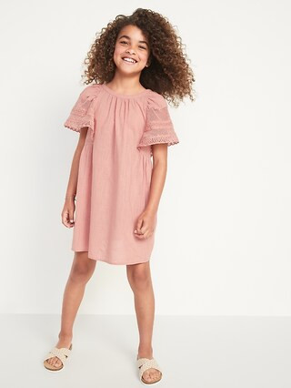Crochet Flutter-Sleeve Slub-Weave Dress for Girls | Old Navy (US)