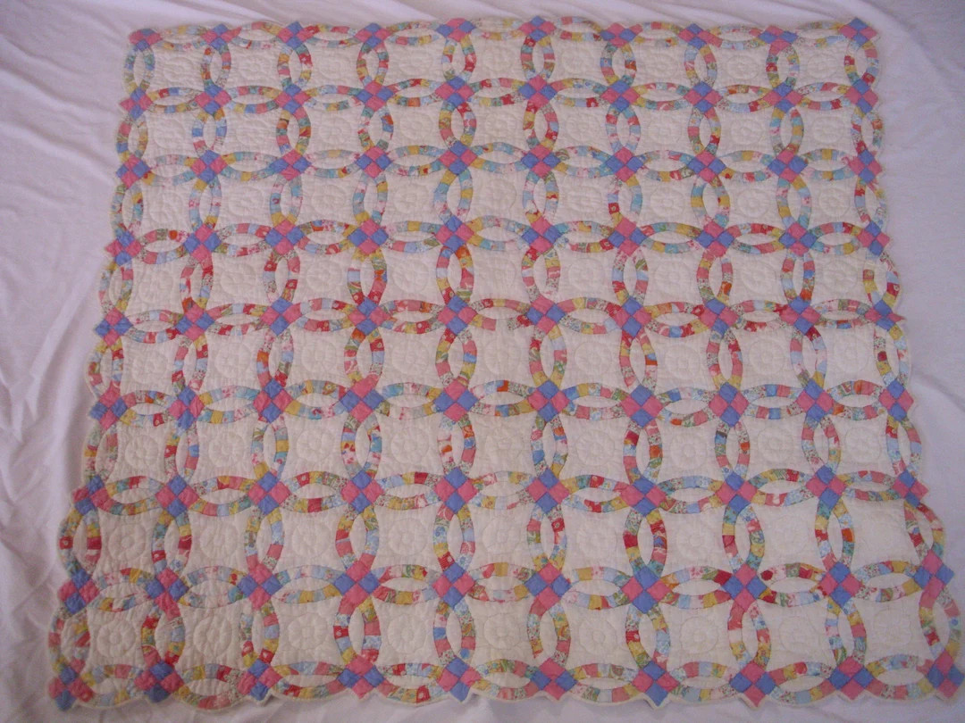 Antique Quilt, Double Wedding Ring Quilt, Handmade Quilt, Hand Pieced and Hand Quilted, Blue and ... | Etsy (US)