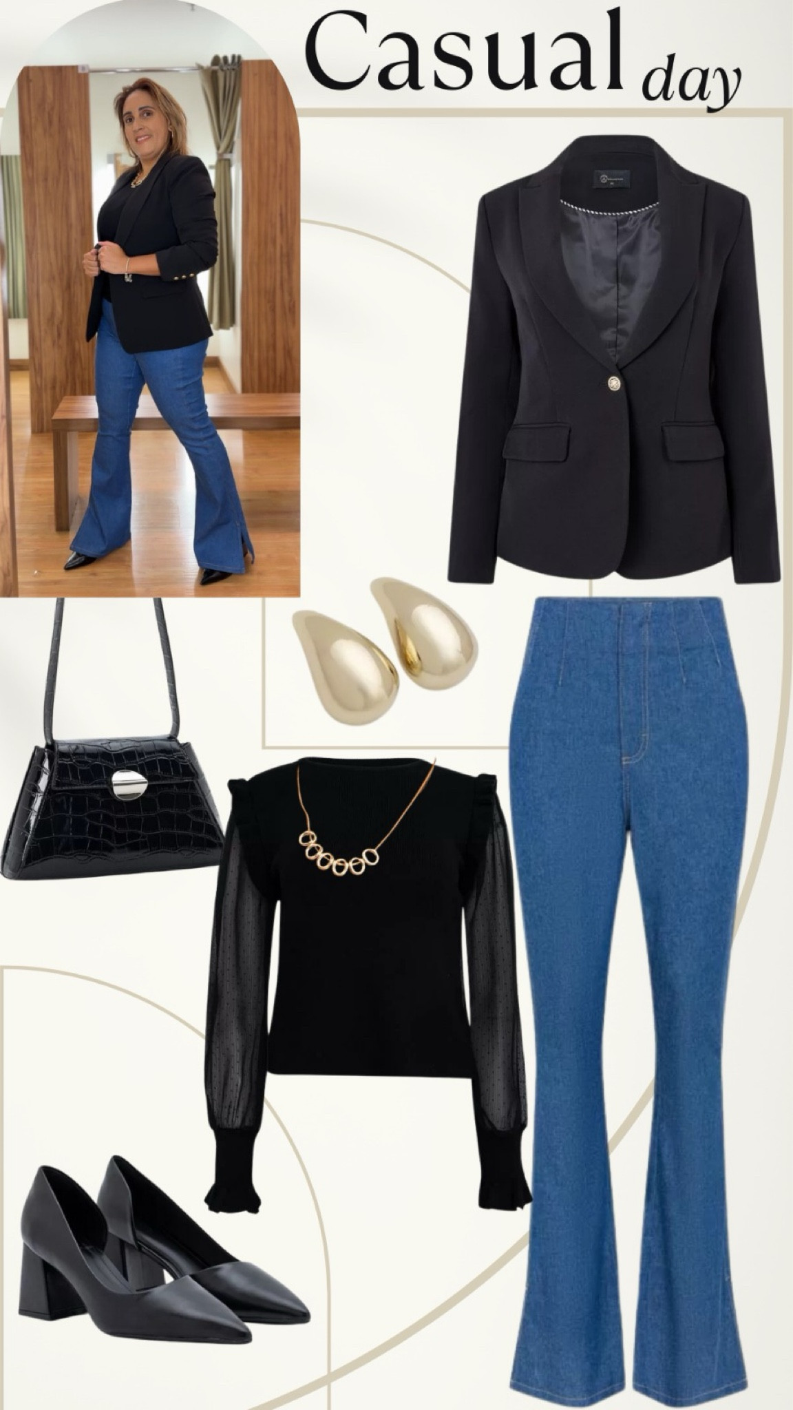 Look Casual Day: Elegância Despojada

1. **#FlareJeansChic**: Elevando o estilo casual com a sofisticação da calça flare em jeans.
2. **#BlazerBlackMagic**: O poder do blazer preto transformando o look em pura elegância.
3. **#ClassicScarpin**: Passos de confiança com o scarpin preto, atemporal e chique.
4. **#GoldenTouches**: Detalhes dourados que iluminam e enriquecem o visual com um toque luxuoso.
5. **#CasualElegance**: Quando a casualidade encontra a sofisticação em um conjunto impecável.

#LTKsale #LTKmidsize #LTKbrasil