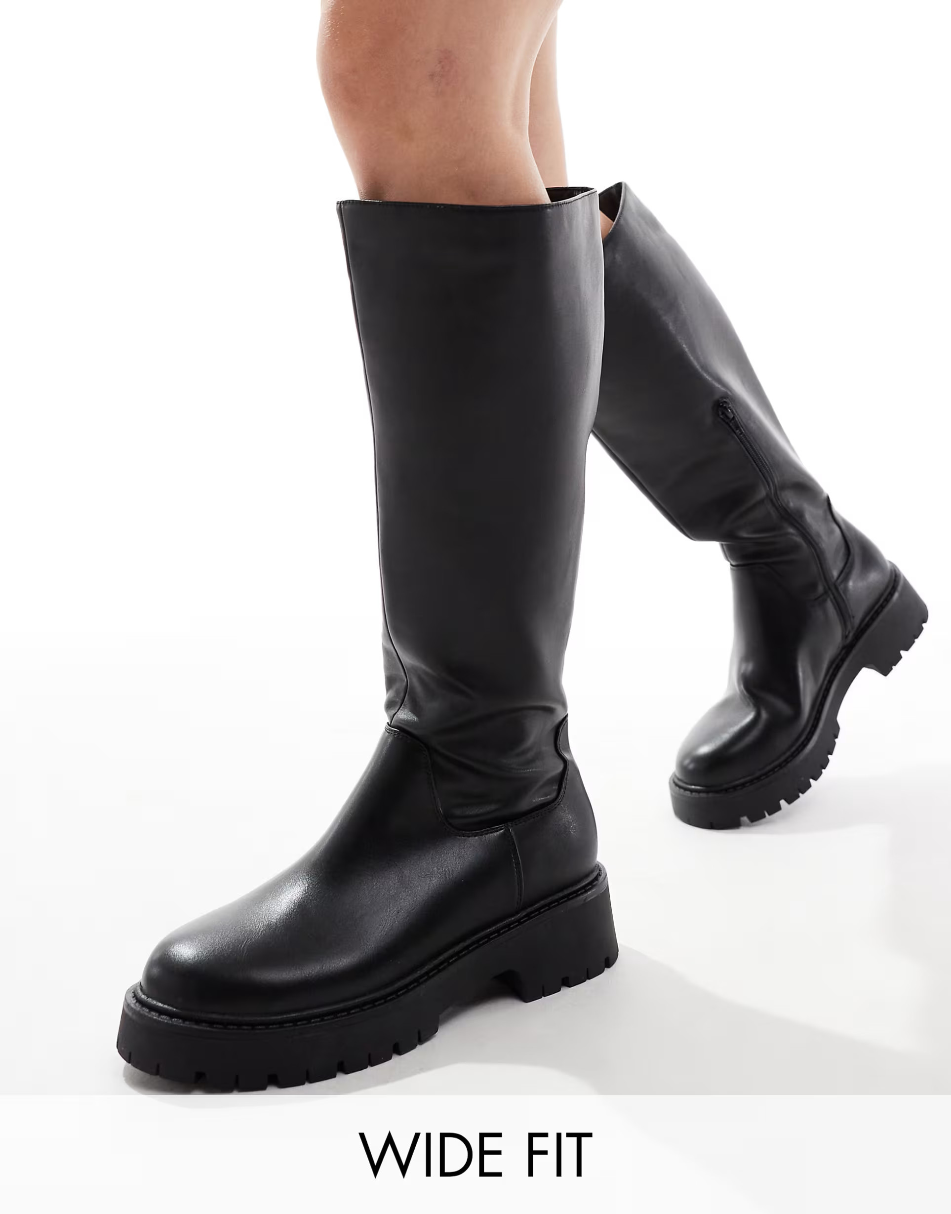 London Rebel Edith wide fit chunky knee high boots in black | ASOS (Global)