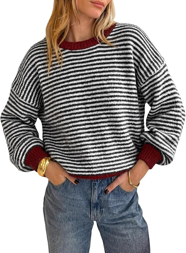Cicy Bell Womens Striped Sweater Loose Fit Color Block Knit Pullover Tops | Amazon (US)