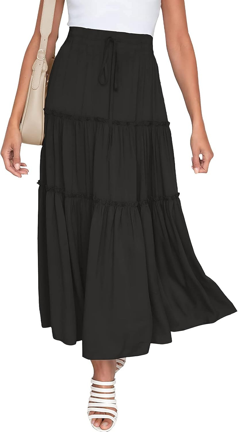 NASHALYLY Skirts for Women Boho Elastic Waisted Drawstring Swing Ruched 3 Tiered Maxi Skirt with ... | Amazon (US)