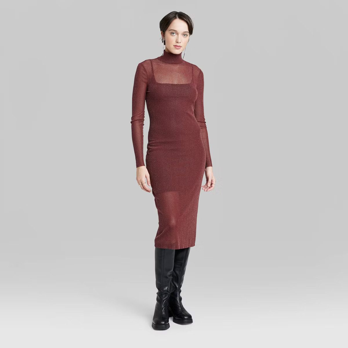 Women's Long Sleeve Lurex Mesh Midi Dress - Wild Fable™ Burgundy | Target