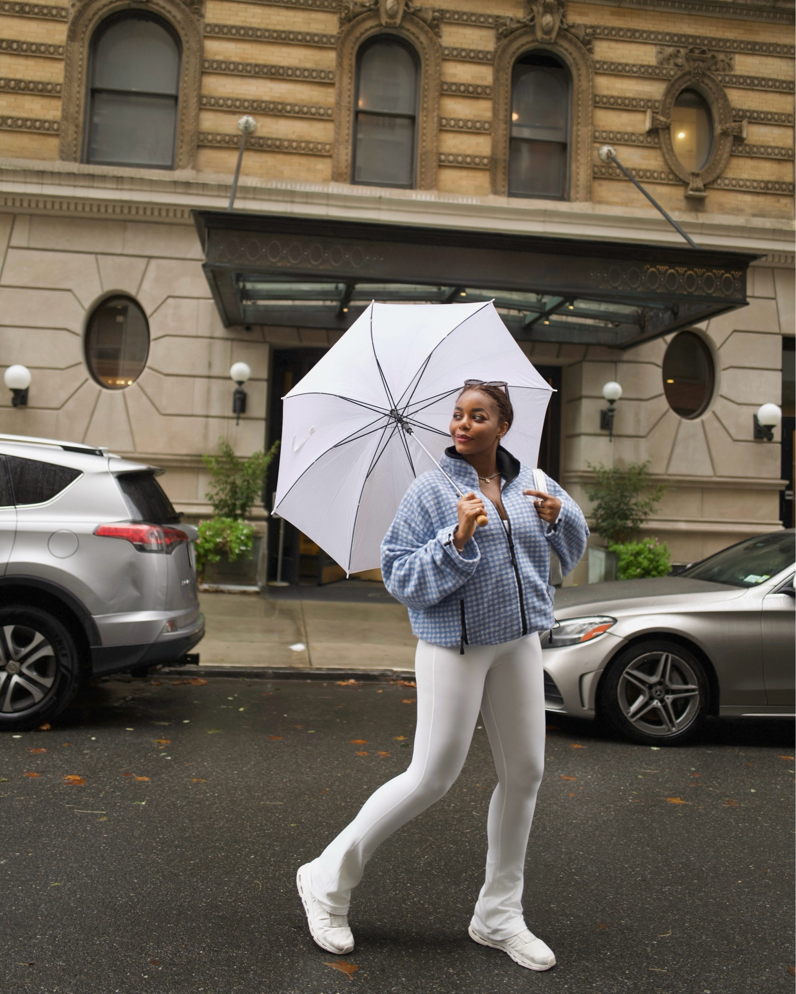 Rainy morning in the city on the way to the gym 🤍 wearing the cutest Miu Miu plaid sherpa sweater with white yoga pants and on cloud sneakers .. For more links to fall outfits women, fall wedding guest dresses, fall dresses, date night outfits, country concert outfits, fall decor, fall fashion hauls, business casual workwear, fall shoes, follow me on LTK! ✨

#LTKfall #LTKstyletip #LTKfitness