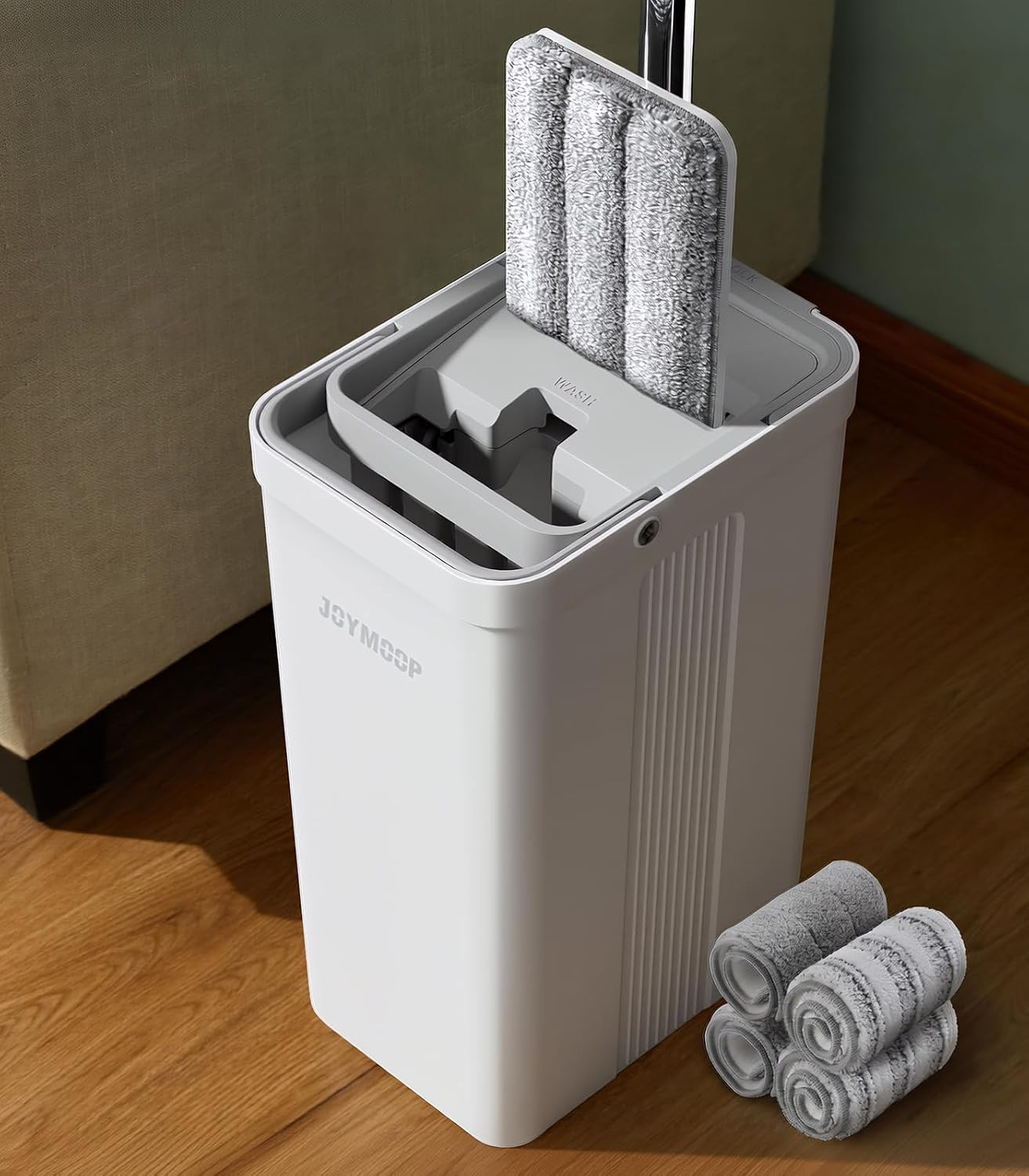 JOYMOOP Flat Mop System, Microfiber Mop and Bucket Set, White, Commercial & Household Use, Hardwood Floor & Wall Cleaning Mop with Long Handle, 4 Microfiber Pads | Amazon (US)