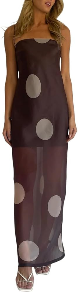 Women Spaghetti Strap Polka Dot Maxi Dress Sexy Sheer Mesh Flowy Sleeveless Long Dress Formal Wed... | Amazon (US)