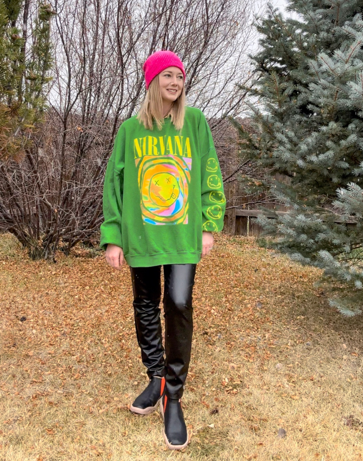 My Nirvana oversized sweater is always a favorite. I have it in blue as well. Perfect for fall and winter. Fall outfit, winter outfit, Halloween #fall #falloutfits #winterstyle #fauxleatherpants #oversizedsweater

#LTKSeasonal #LTKfindsunder100 #LTKHoliday