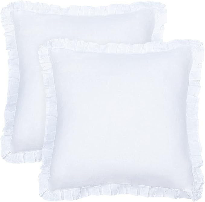 PHF 100% Linen Euro Sham with Ruffle, 26" X 26", Set of 2, Washed French Flax Euro Throw Pillow C... | Amazon (US)