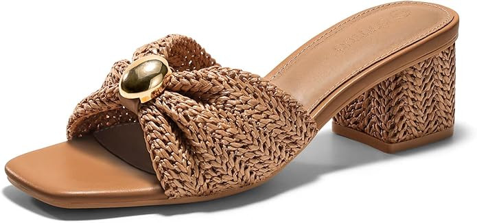 Coutgo Womens Low Chunky Block Heels Raffia Sandals Square Open Toe Slip On Slides Summer Beach D... | Amazon (US)