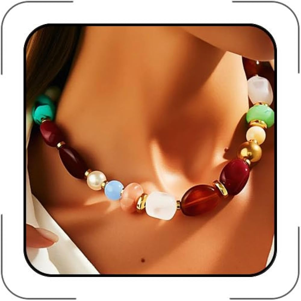 Chunky Colorful Beaded Necklaces for Women Waterproof Bohemian Resin Bead Choker Necklace Chunky ... | Amazon (US)