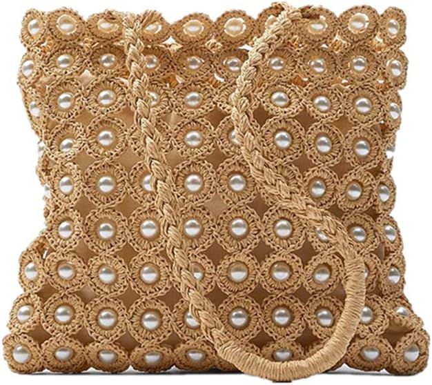 QTKJ Hand-woven Hollow Out Soft Straw Shoulder Bag with Pearl Flower, Boho Straw Handle Tote Summ... | Amazon (US)