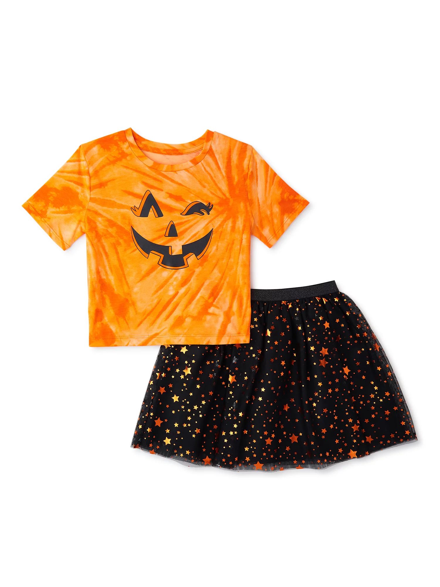 Girls Halloween Short Sleeve Pumpkin T-Shirt and Mesh Skirt Outfit Set, 2-Piece, Sizes 4-18 | Walmart (US)