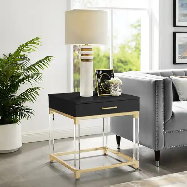 Alvaro High Gloss End Table with Acrylic Legs and Metal Base | Bed Bath & Beyond