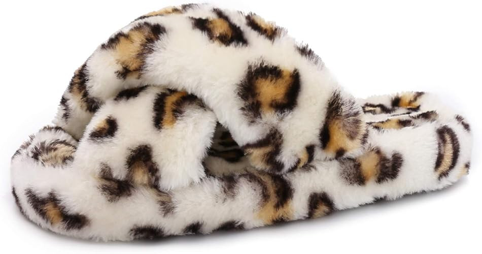 Womens House Fuzzy Slipper Tie Dye Leopard Fluffy Slipper Cross Band Open Toe Comfy Slip On Non-S... | Amazon (US)