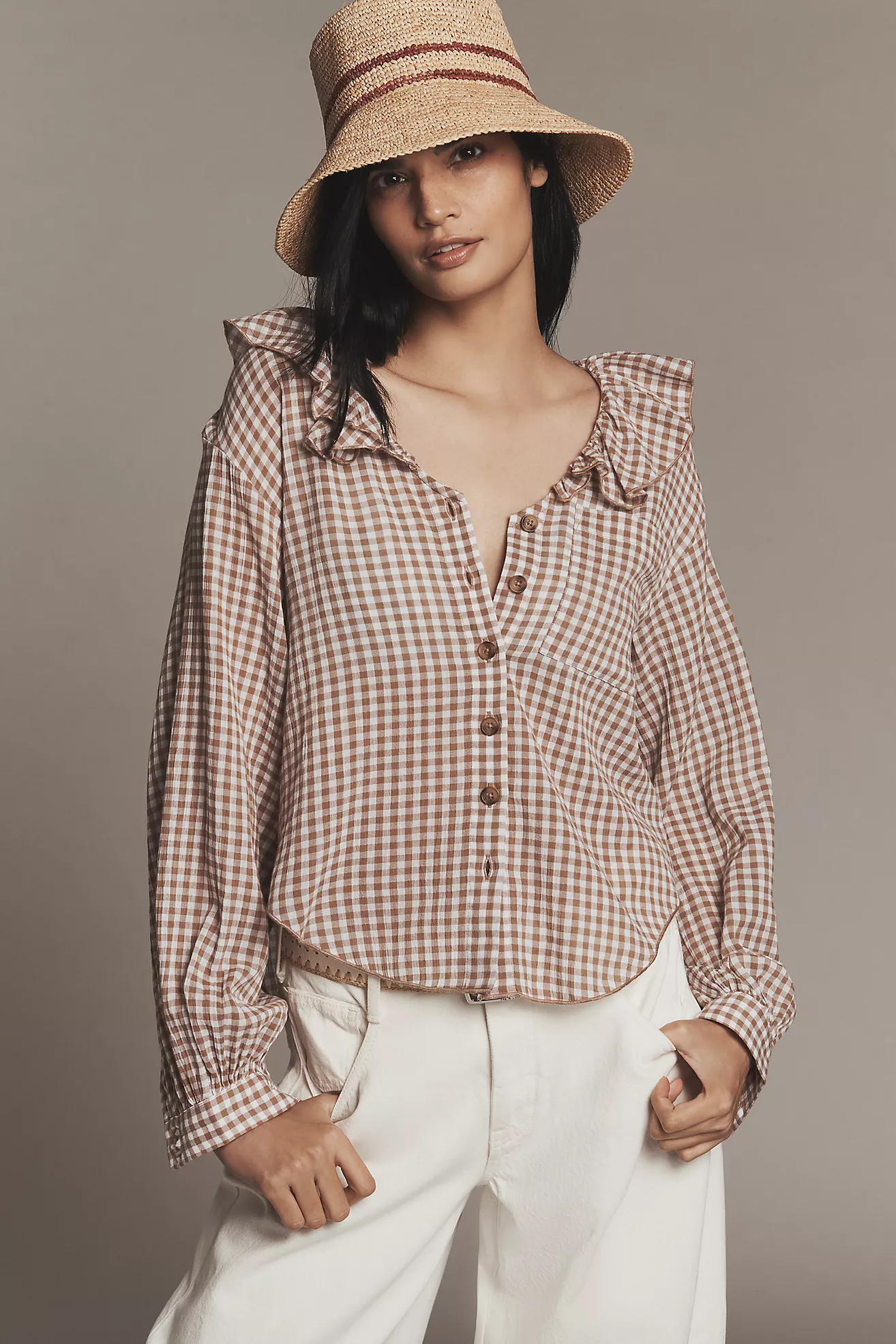 Pilcro 3/4 Sleeve Ruffle Collar Buttondown Shirt | Anthropologie (US)