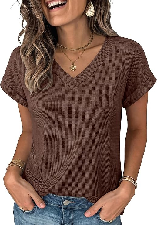 ANRABESS Womens Waffle Knit Tops 2026 Summer Casual Short Sleeve V Neck T Shirts Basic Work Tee S... | Amazon (US)