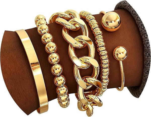 Golden Bangle Bracelets Set for Women, 14k Gold-Plated Multi Layer Stackable Cuff Bracelets, Pers... | Amazon (US)