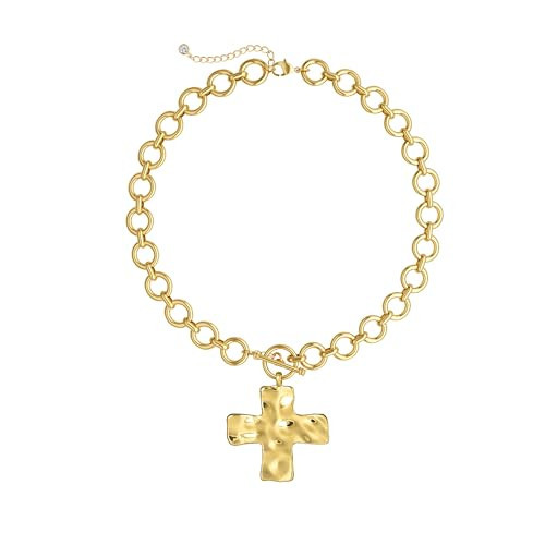 CHESKY 14K Gold Plated Chunky Cross Necklace for Women, Statement Cross Necklace Big Hammered Bold Cross Heart Pendant Necklace Trendy Gold Toggle Necklaces Vintage Jewelry | Amazon (US)