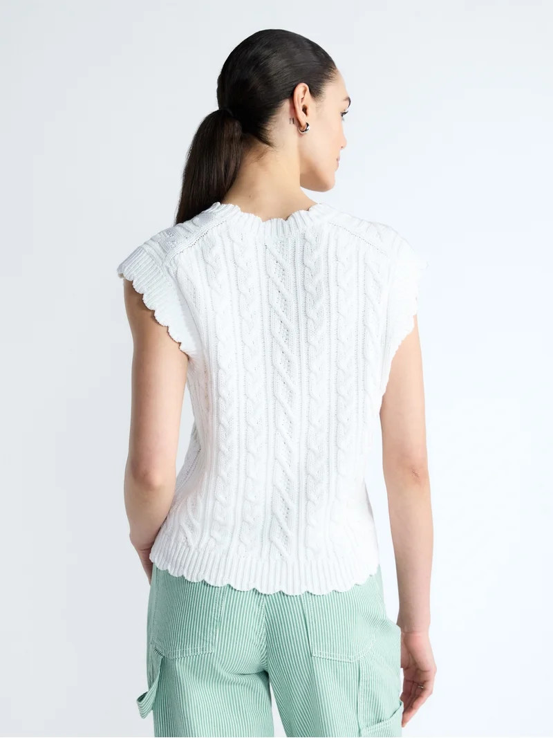 Free Assembly Women's Scalloped Cable Knit Cotton Vest, Sizes XS-XXL | Walmart (US)