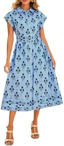 Womens Summer Striped Midi Dress Short Sleeve Floral Shirt Dress Casual Button Down Belted Dresse... | Amazon (US)