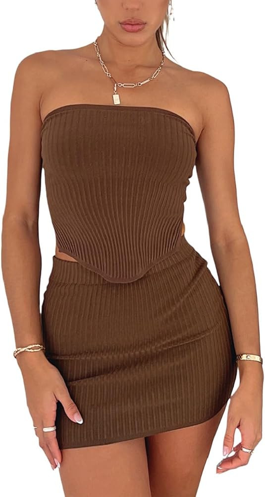 Juakoso Women Summer Going Out Two Piece Outfits Bandeau Tube Crop Tops Bodycon Skirt Sets Y2k Ae... | Amazon (US)