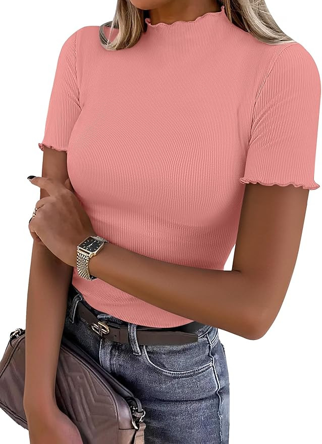 ANRABESS Womens Mock Neck Tops Lettuce Trim Short Sleeve Ribbed Slim Fit Shirts Casual Basic Tee ... | Amazon (US)