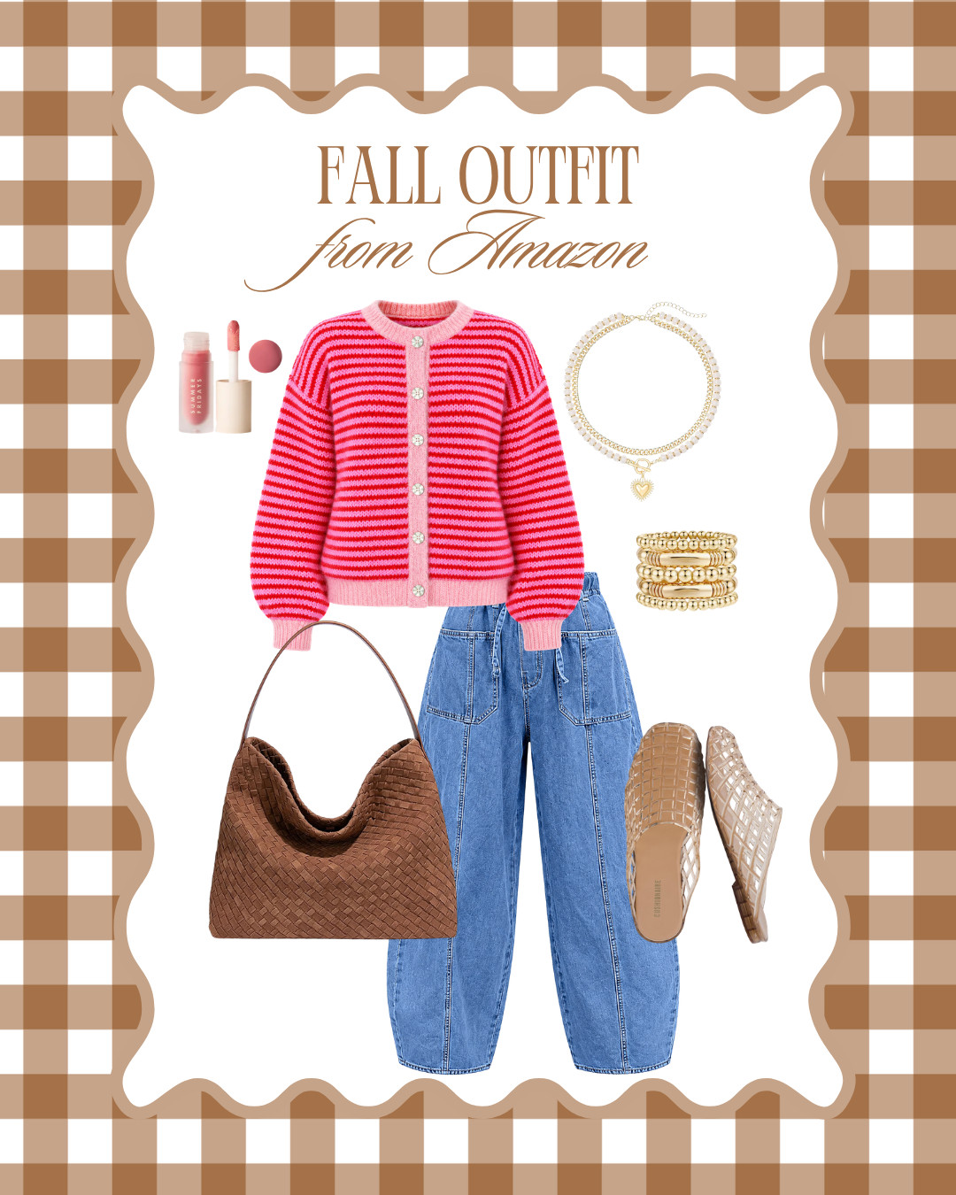 The cutest Amazon fall outfit!🍂💕 Loving the pop of pink with these relaxed jeans, woven bag + all the gold accessories! Such an easy everyday look for fall. 

 #LTKootd #LTKSeasonal #LTKSaleAlert