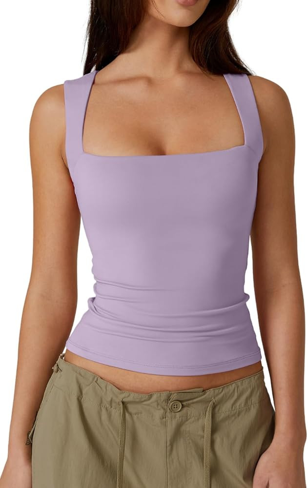 QINSEN Women's Square Neck Sleeveless Double-Layer Tank Tops Basic Tight T Shirts | Amazon (US)