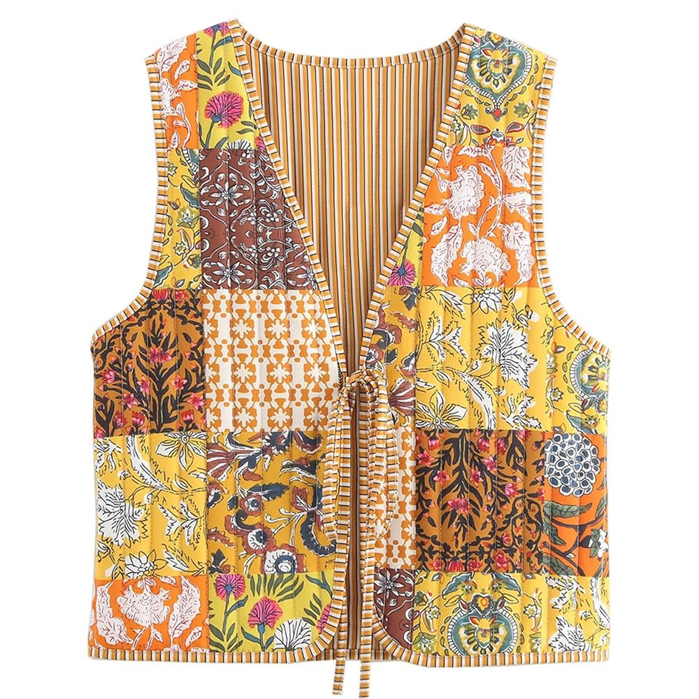 Wyeysyt Women's Cropped Floral Quilted Puffer Vest Printed Lightweight Sleeveless Padded Gilet Ou... | Amazon (US)