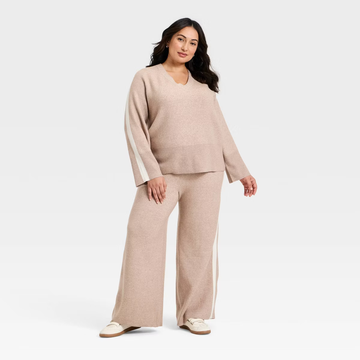 Women's Long Sleeve V-Neck Knit Pullover Sweater - Ava & Viv™ Taupe | Target