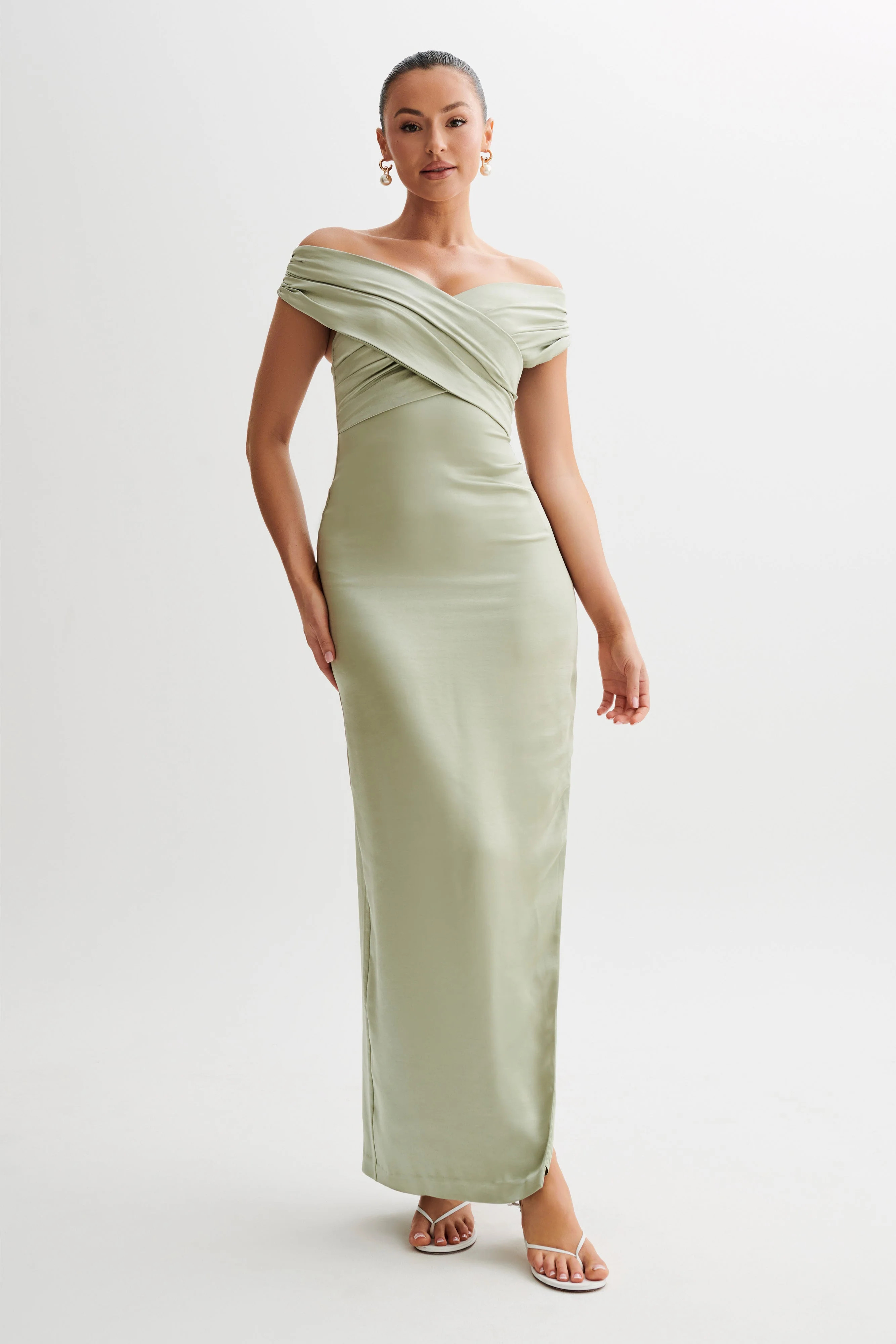 Harley Off Shoulder Satin Maxi Dress - Sage | MESHKI US