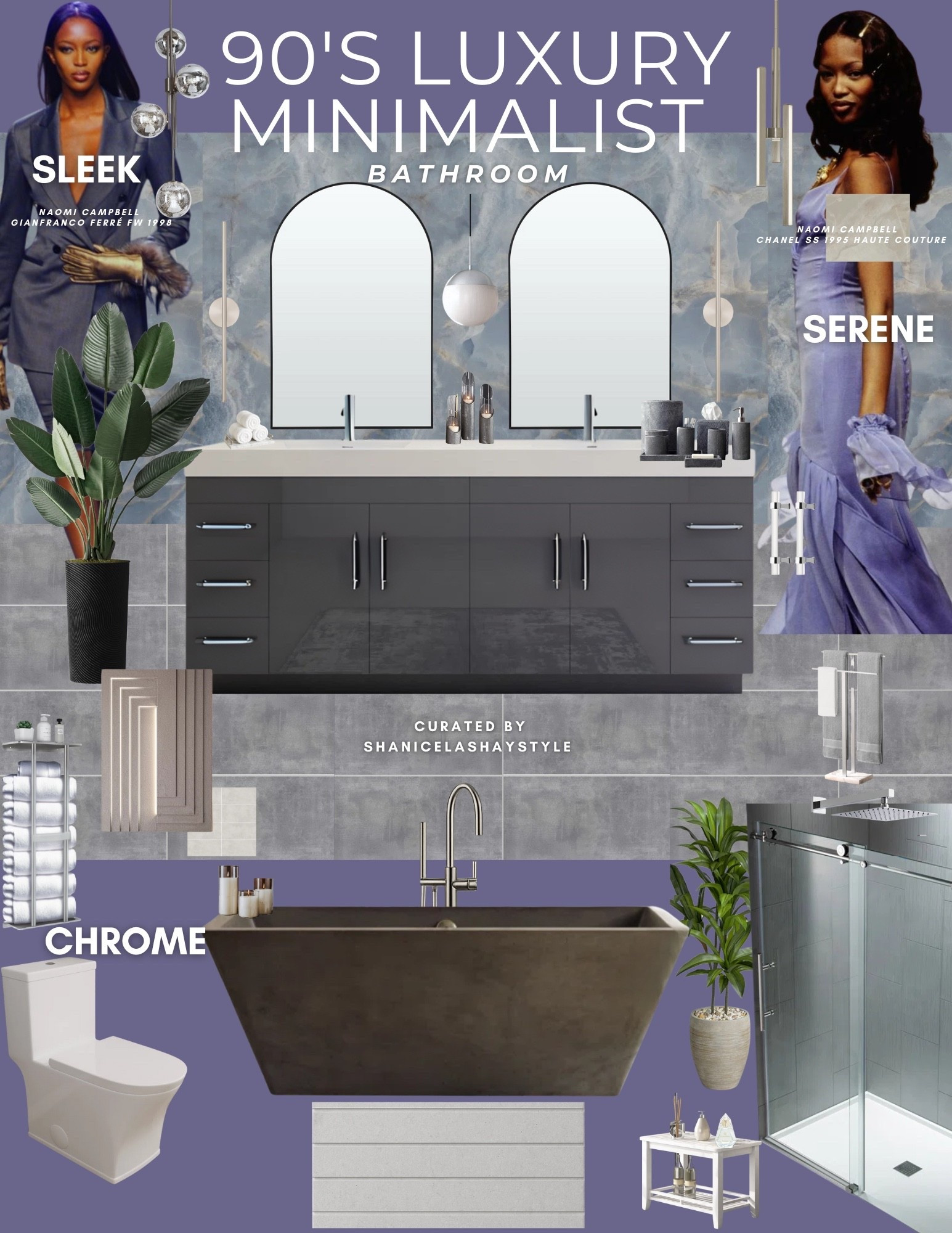90s luxury, reimagined in bathroom form. 🛁✨Part of my Fashion to Home series, this design pulls from two unforgettable Naomi Campbell runway moments: the sharp tailoring of Gianfranco Ferré F/W ‘98 and the soft lilac elegance of Chanel S/S ‘95 Haute Couture.

Clean lines, chrome finishes, and a calming palette come together to create a space that feels like quiet power with a touch of grace. Tap to shop the minimalist details and luxe touches that bring this vision to life.

#fashiontohome #naomicampbellstyle #90sminimalism #luxurybathroom #bathroommoodboard #interiorinspo #cleanlinedesign #minimalistdecor #softfeminineenergy

#LTKStyleTip #LTKHome