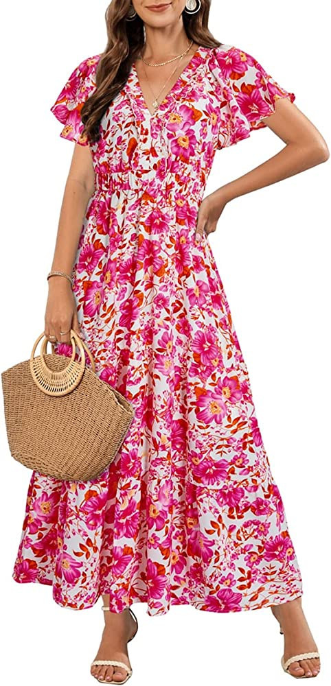 OUGES Women's 2023 Casual Summer Short Sleeve V Neck Maxi Dresses Maternity Photoshoot Baby Showe... | Amazon (US)