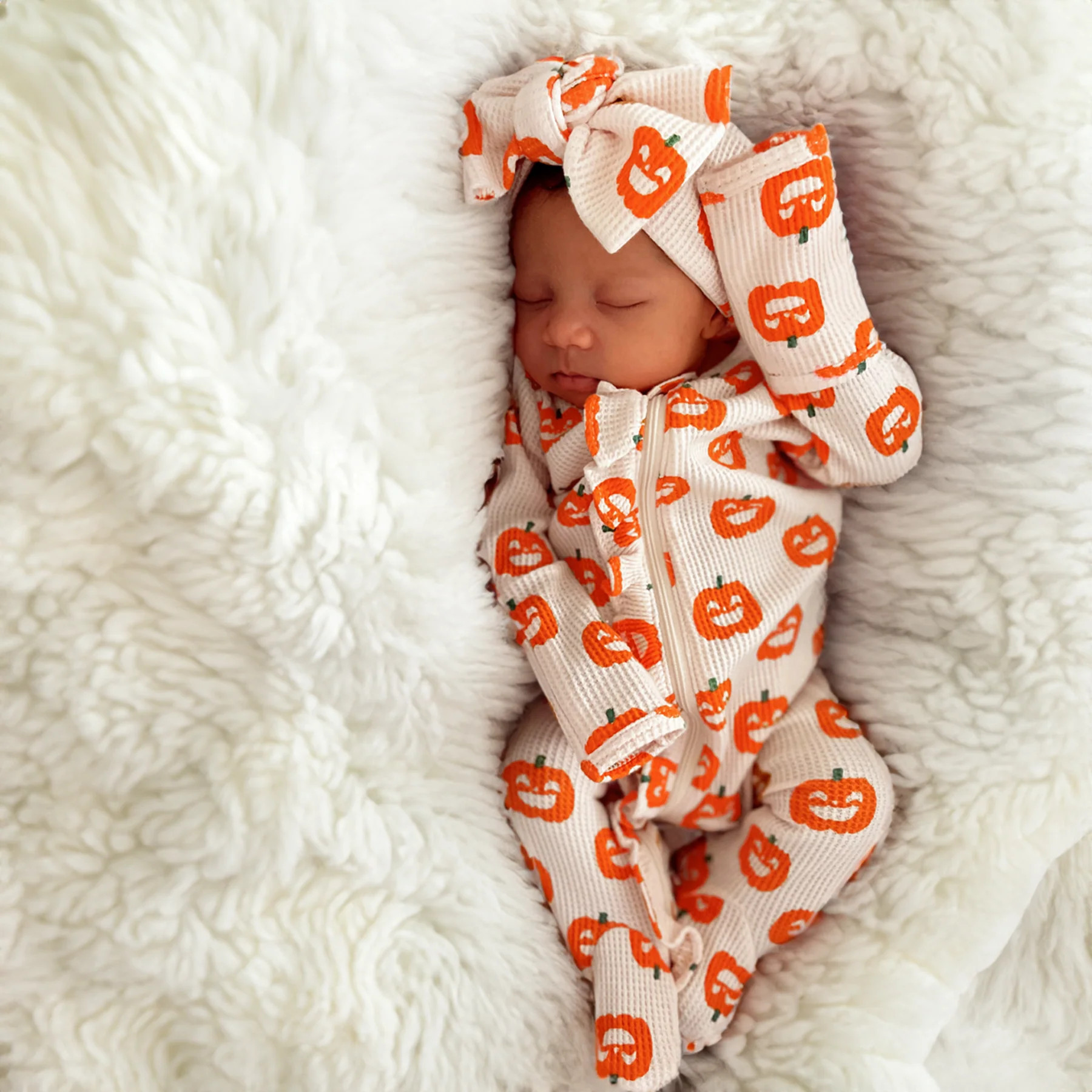 Organic Waffle Ruffle Zip Footie, Jack-O-Lantern | SpearmintLOVE