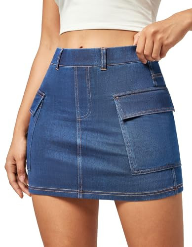 IUGA Jean Skirts for Women Denim High Stretch Cargo Skirt with Shorts Denim Skort Mini Jean Skort Y2k Skirt with Pockets | Amazon (US)