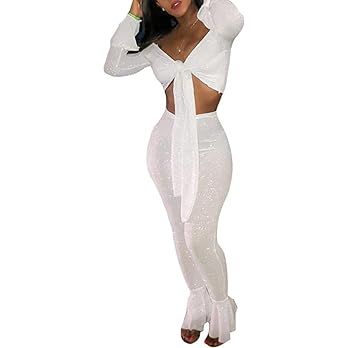 Amazon.com: Womens Off Shoulder Ruffle Flare Sleeve 2 Piece Outfits Crop Top and Pants Set S : Cl... | Amazon (US)