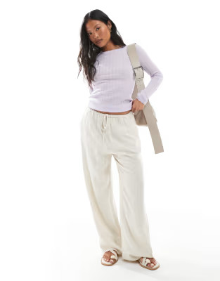 Miss Selfridge Petite linen blend drawstring waist wide leg trousers in stone | ASOS | ASOS (Global)