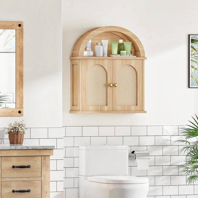 23.6" Arched Medicine Cabinet with Rattan-Like Front, Large Farmhouse Bathroom Wall Cabinet with ... | Walmart (US)