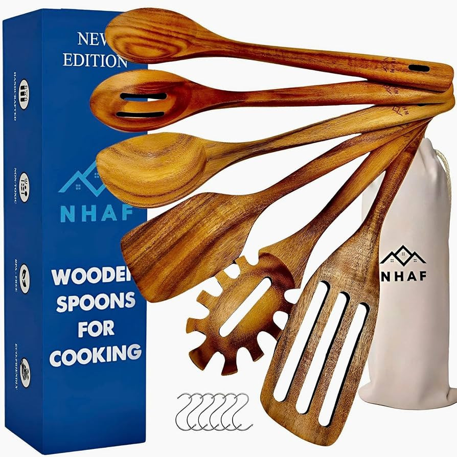 Wooden Utensils for Cooking, Premium Teak Healthy Spoons, Wooden Spoons for Cooking, Durable Eco-... | Amazon (US)