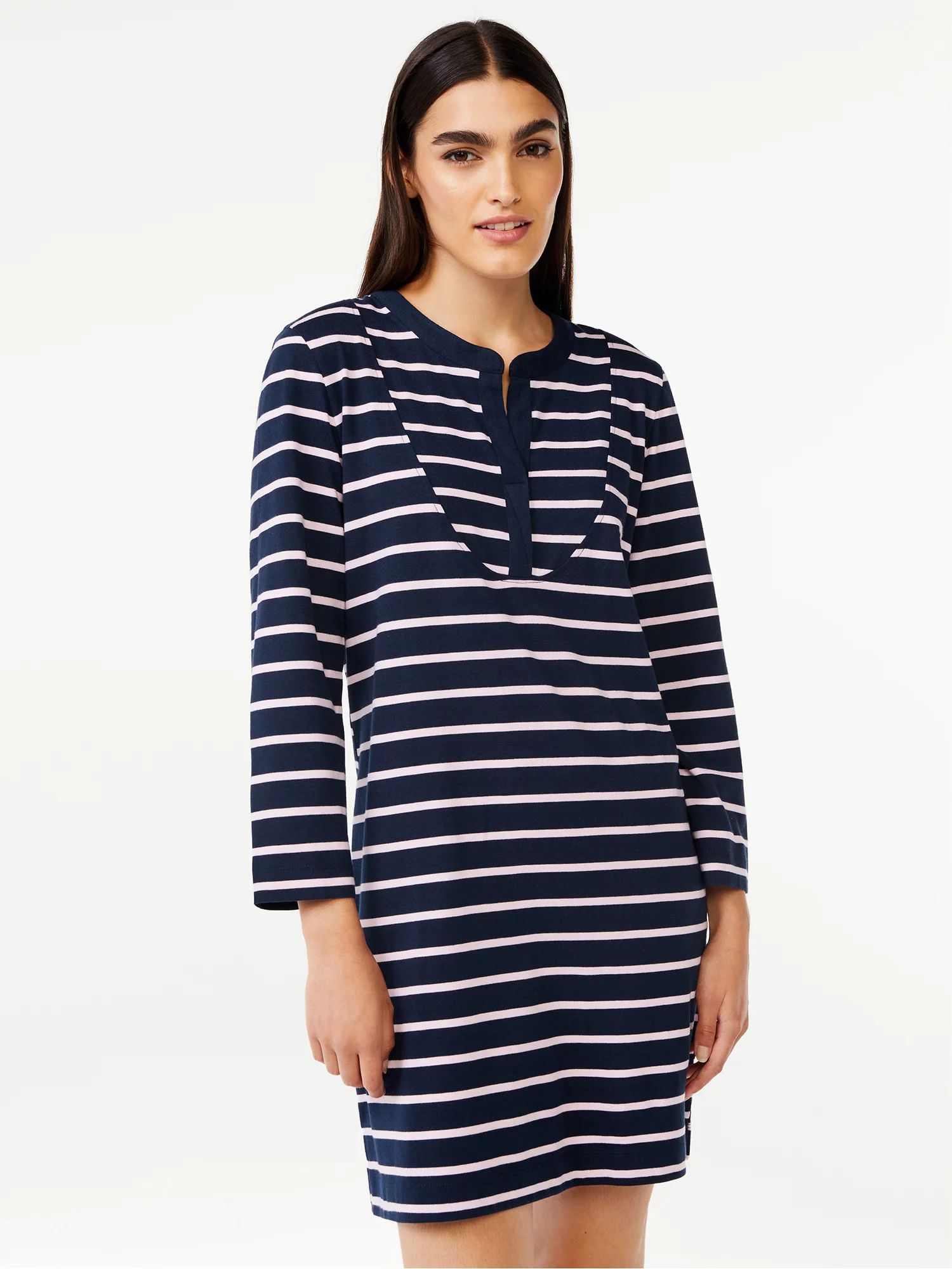 Free Assembly Women's Striped T-Shirt Bib Mini Dress with Long Sleeves - Walmart.com | Walmart (US)