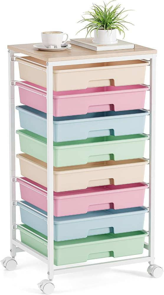Rolling Storage Cart, Rainbow Cart with 8 Drawers and Wooden Tabletop, Teacher Organization for C... | Amazon (US)