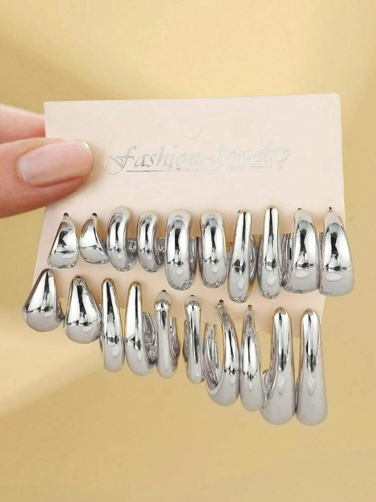 10 Pieces-20 Pieces/Set Of New Irregular Shaped ABS Acrylic Silvery CCB Lightweight Earring Set, C-Shaped&Teardrop Shaped, One Set To Meet All Women's Daily Dressing Needs | SHEIN