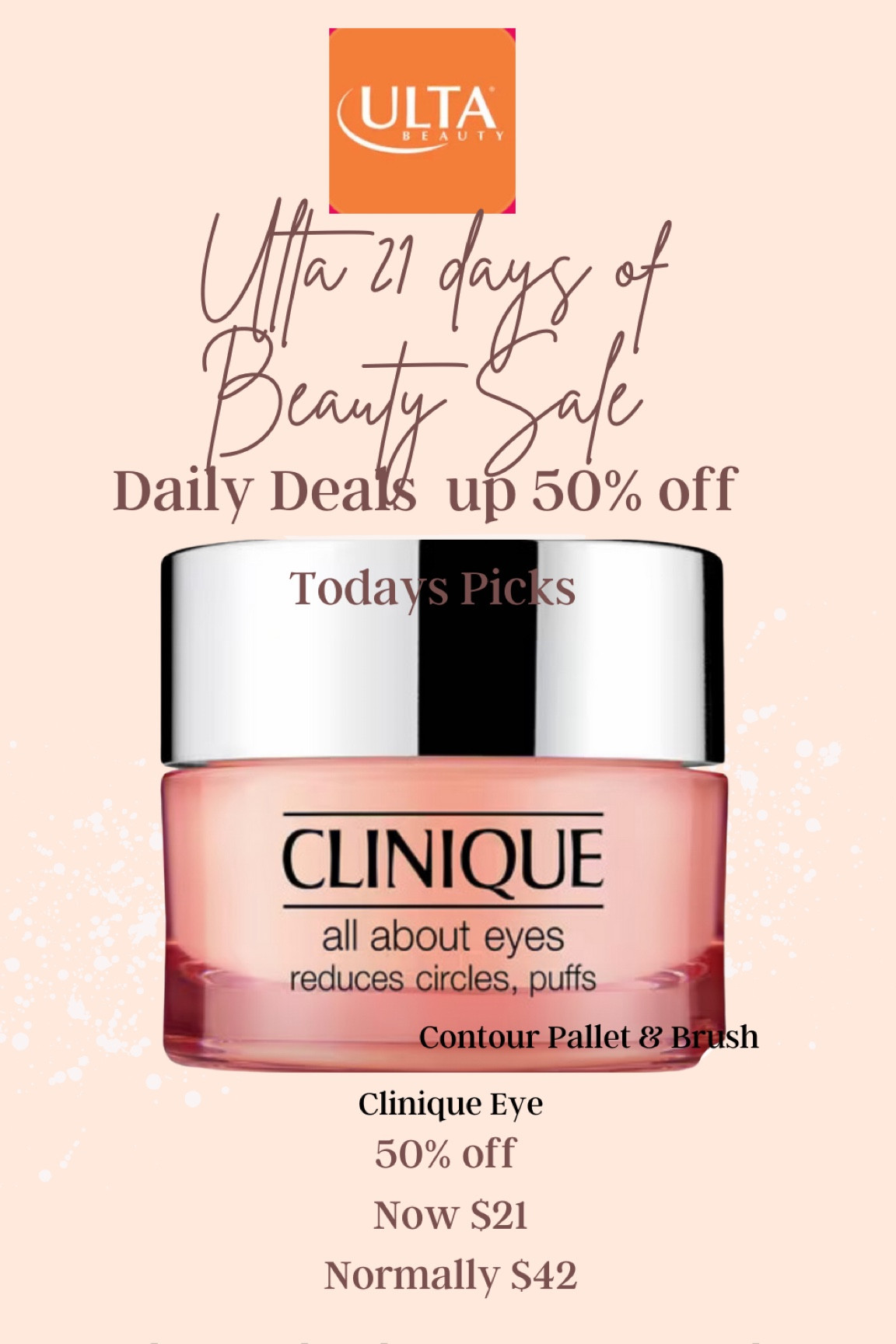 Sale alert

Ultas 21 days of beauty
My daily pick

Clinique all about eye cream
Depuffs and truly moisturizes


#LTKBeauty #LTKSaleAlert #LTKFindsUnder50